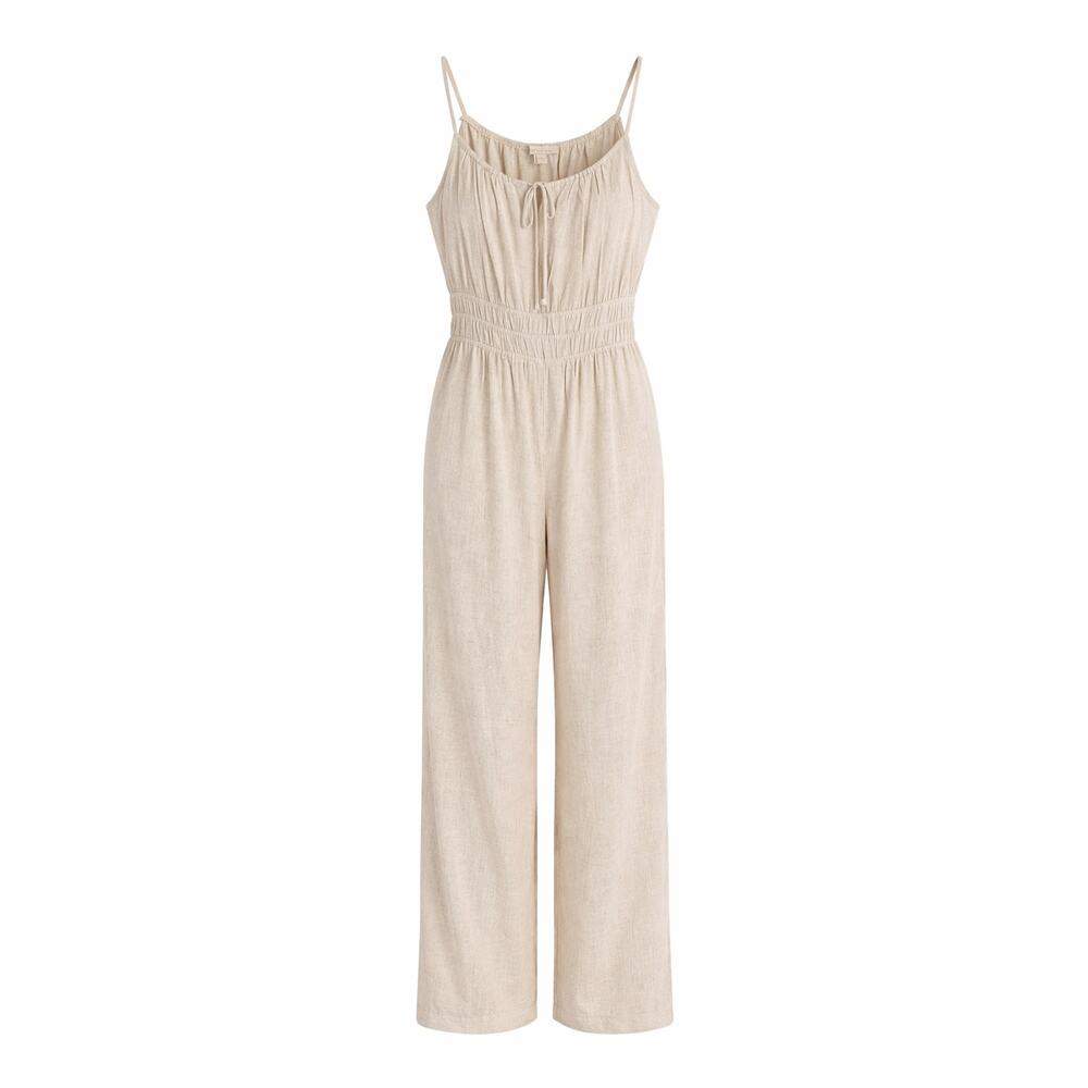 Monteau Los Angeles Linen Blend Wide Leg Jumpsuit Size L Beige Boho Beach - Picture 2 of 4